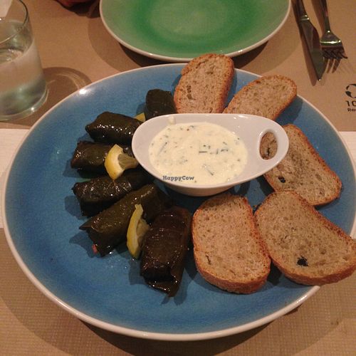 delicious wine leaf parcels and soya tzatziki  at Casa Griega in Barcelona