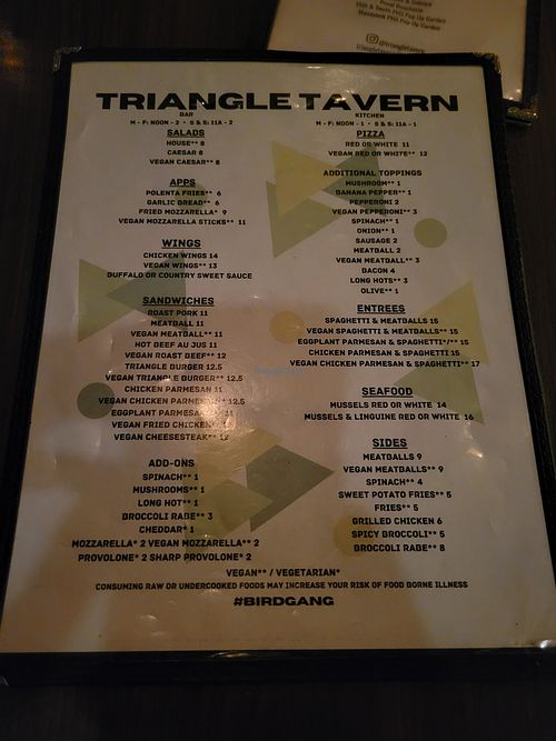 Menu at Triangle Tavern in Philadelphia