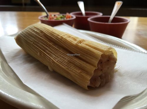 vegan tamale with 3 sauces at Quesadilla La Reina Del Sur - Rogers Park in Chicago