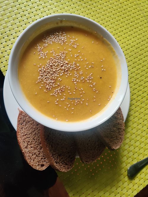 Pumpkin soup was okay at Bosco Verde Italian Vegan Restaurant in Ulaanbaatar