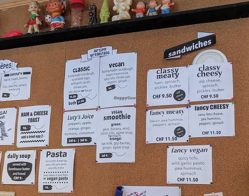 The menu. Vegan sandwich, pasta and breakfast. at Airtime Cafe in Lauterbrunnen
