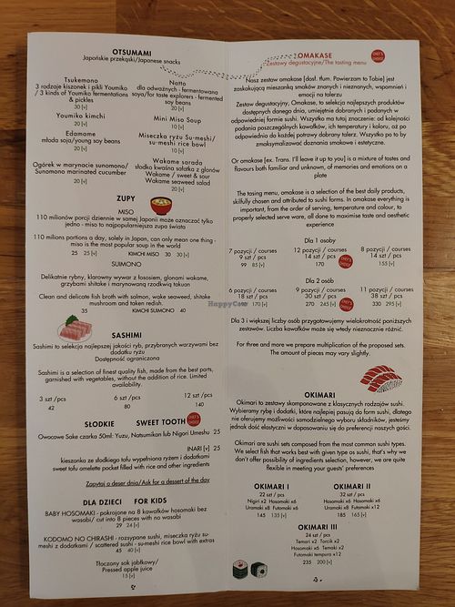 Menu at Youmiko Sushi in Krakow