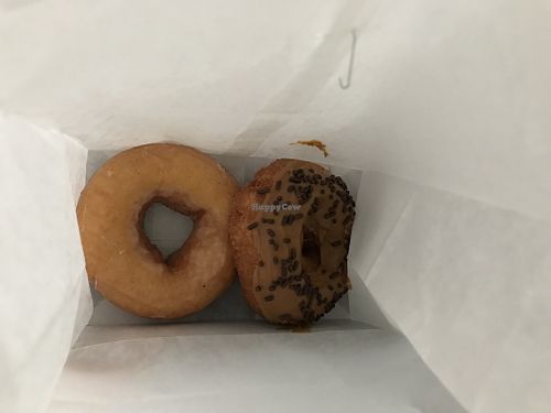 Glazed and cookie butter vegan donuts at Hugs and Donuts in Houston