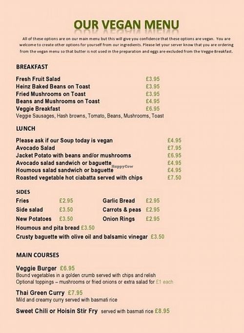 First vegan menu I've seen in Guernsey!!! :) at Pelicans Cafe in Guernsey