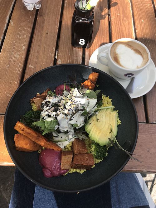 Protein Bowl and Soy Cappuccino  at roots - Lintheschergasse in Zurich