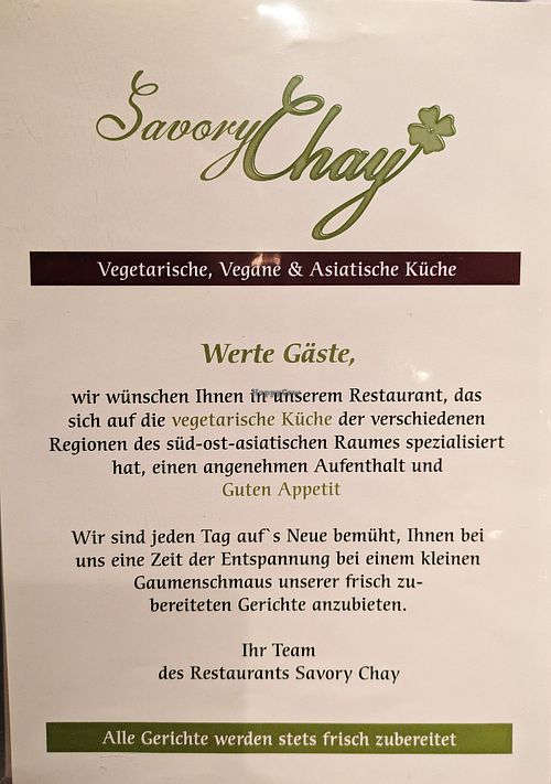 Menu page at Savory Chay at Savory Chay in Berlin