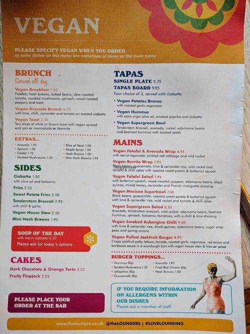 Vegan Menu at Lounges - Brasco Lounge in Liverpool