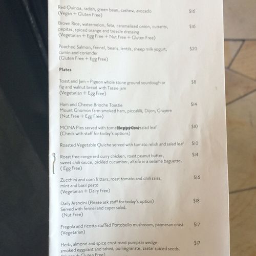 menu with 2 specifically vegan options.  at MONA Museum Cafe in Berriedale