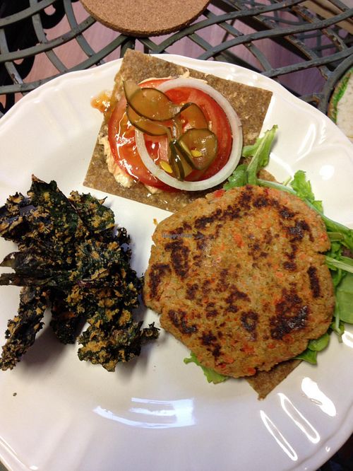 Vegetable and brown rice burger served on gluten free dehydrated onion bread at Real Food in Viera