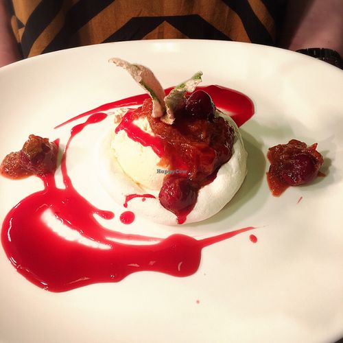 vegan Pavlova with rhubarb and cherry compote  at Momo Restaurant in Waterford