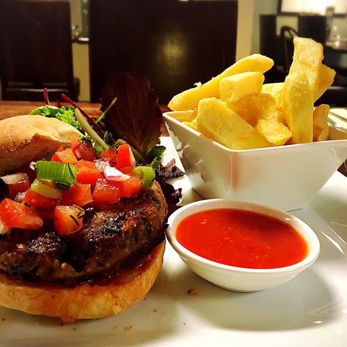 Vegan black bean and quinoa burger, chilli jam  at Momo Restaurant in Waterford