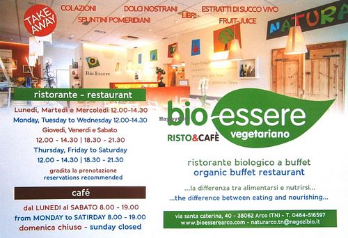 Restaurant flyer at Bio Essere in Arco