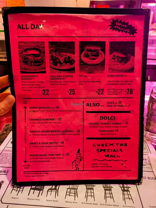 Menu page at Superiority Burger at Superiority Burger in New York City