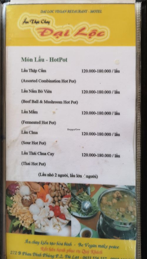 Hot pot menu at Dai Loc in Da Lat