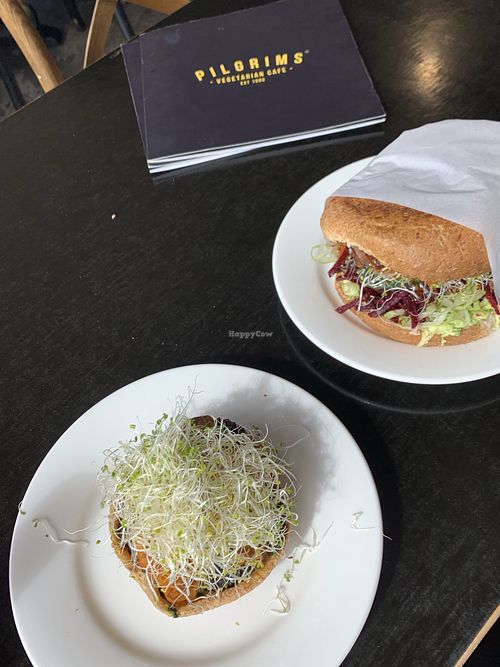 Pie and burger  at Pilgrims Vegetarian Cafe in Huskisson