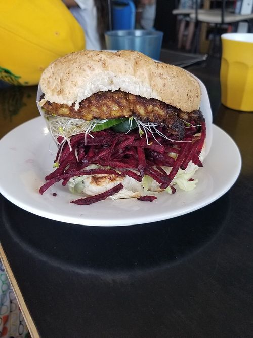 Burger at Pilgrims Vegetarian Cafe in Huskisson
