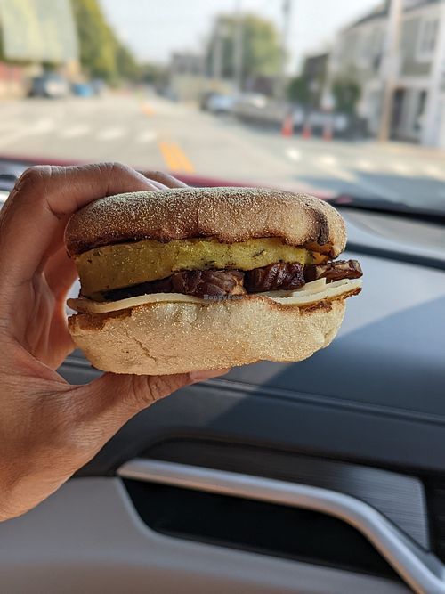 Breakfast sandwich with tempeh bacon and English muffin (excellent) at Jodi Bee Bakes in Salem