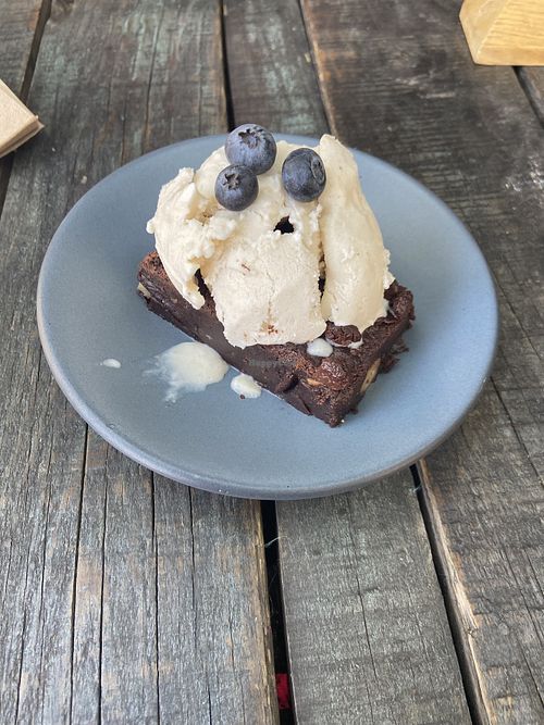 Brownie with ice cream and blueberries   at FOREVER in Mexico City