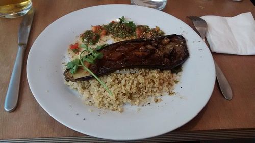 Roasted eggplant with miso, quinoa with dukkah, tomatoes and Chermoula at Dune in Paris