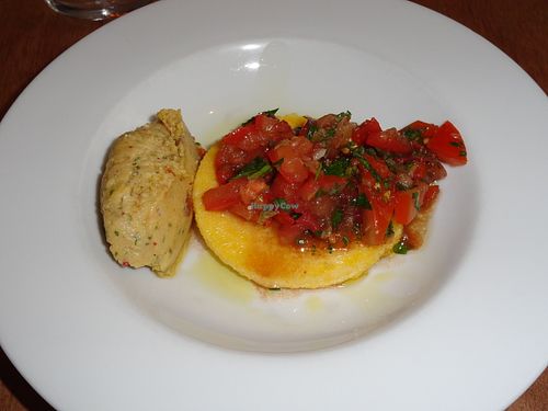 Polenta, hummus with tomato confit, tomato salsa at Dune in Paris