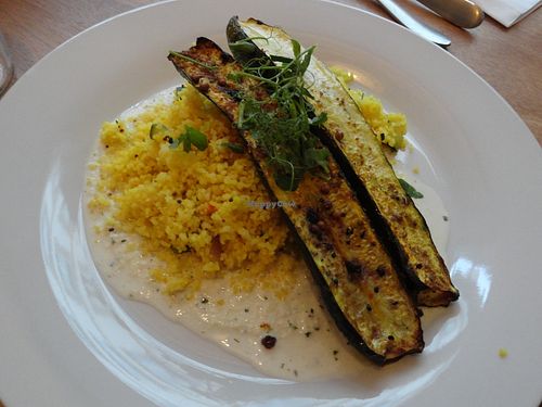 Roasted zucchini with colombo spices, lentils, seasonal vegetables and raita at Dune in Paris