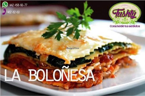 Lasagna a la Bolognesa de soya. Traído desde Italia y libre de carne. El sabor de la salsa es buenísimo y la pasta que se usa no tiene huevo. at Tushty in Queretaro