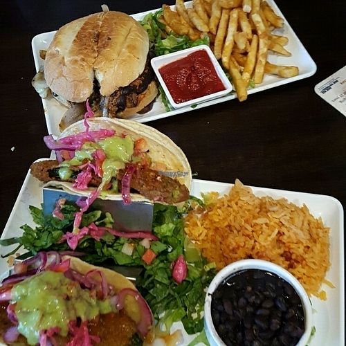 Their ";not fish"; tacos and Veggie (black bean and soyrizo) burger.  at Camino Real Kitchen and Tequila in Bakersfield