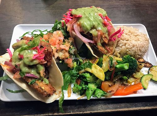 Fish tacos with brown rice and grilled veggies  at Camino Real Kitchen and Tequila in Bakersfield