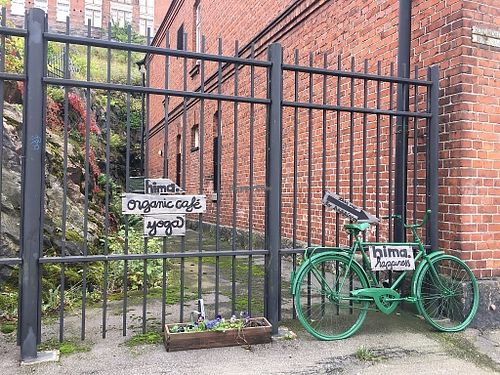 outside at Hunaja Cafe in Helsinki