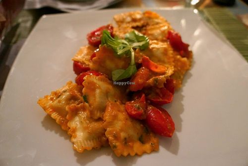 Vegan ravioli with a creamy sauce made with rice cheese. at Cavoli Nostri in Naples