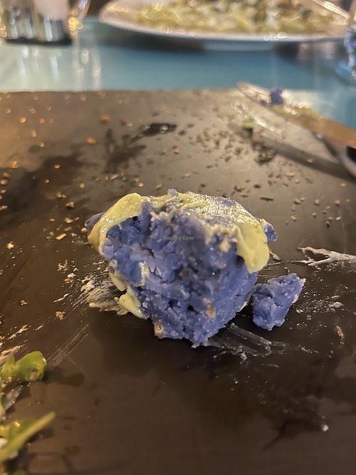 ‘Purple potato surprise’- cold mashed potato with food colouring  at Cavoli Nostri in Naples