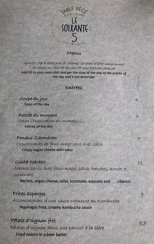 Menu dinner page 1 at Le Soixante 5 in Levis