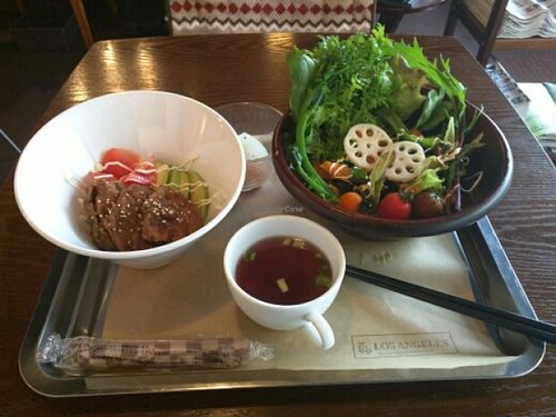 Ginger 'steaks' avocado, rice, salad, soup and great dressings at Los Angeles in Kanazawa in Kanazawa