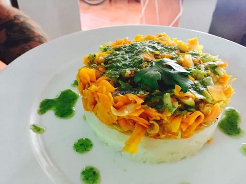 Tartita de batata, zanahoria, apio y mojo de cilantro. at The V Factor in Lanzarote