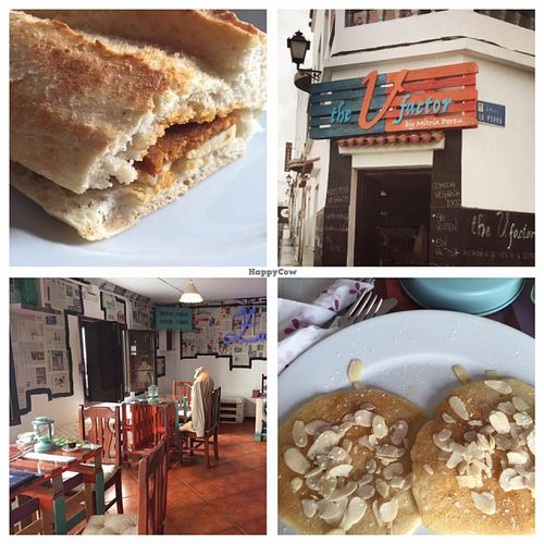 Breakfast! Sugar cane molasses pancakes with almonds and chorizo/cheese bocadillo.  at The V Factor in Lanzarote