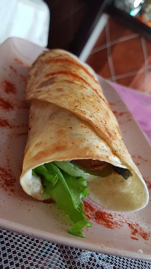 Wrap of hummus, courgette, aubergine, lettuce, sheese and xoriso. Don't recommend as Xoriso  was too salty. at The V Factor in Lanzarote