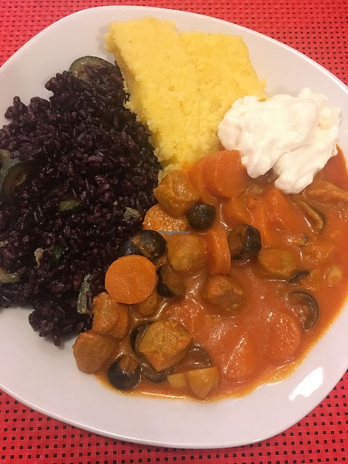Soy Stroganoff, black rice, polenta and homemade mayo at Bonta e Sapore in Turin