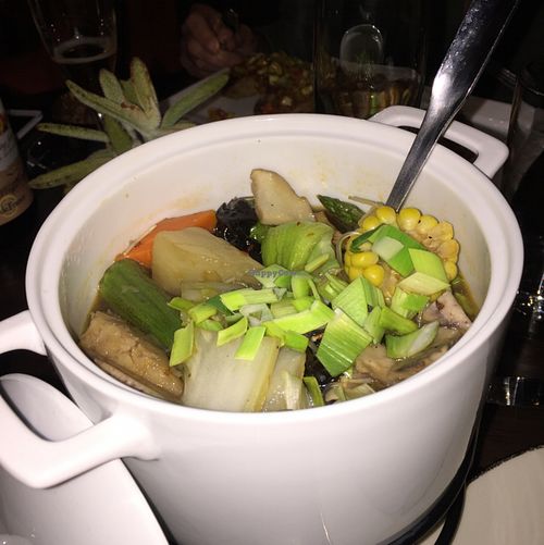 taro, tofu, vegetables, mushrooms and vermicelli in hot pot at Herban Fix Vegan Kitchen in Atlanta