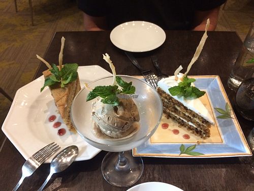 Carmel cake, espresso sorbet, and carrot cake at Herban Fix Vegan Kitchen in Atlanta