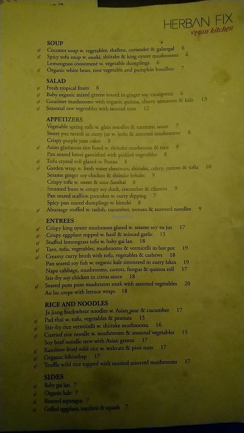 Menu January 2019 at Herban Fix Vegan Kitchen in Atlanta