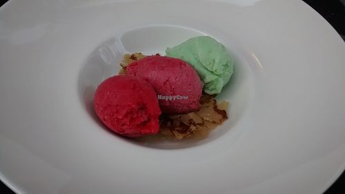 Homemade vegan sorbet: cactusand lime, raspberry and violett, peaches at La Table des Roy in Nantes