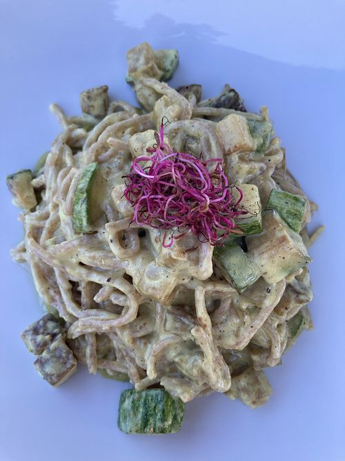 Vegan carbonara with seitan and zucchini  at Antica Osteria dell'Abate in San Sebastiano Da Po