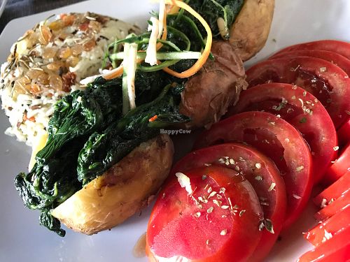 rice, tomato salady potatoes, spinach = vegan dinner at Hotel Sighisoara in Sighisoara