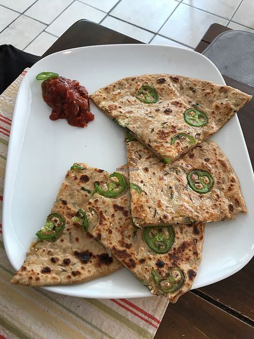 Jalapeño and cheese stuffed paratha  at The Red Dot Vegetarian Kitchen in Frazier Park