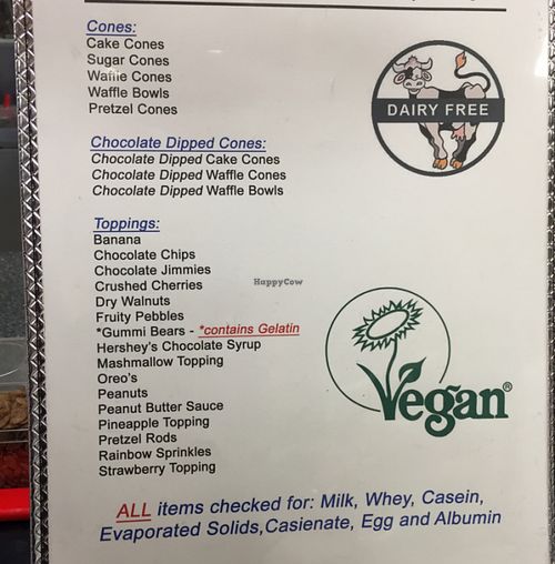 the vegan menu at Cool Scoops in North Wildwood