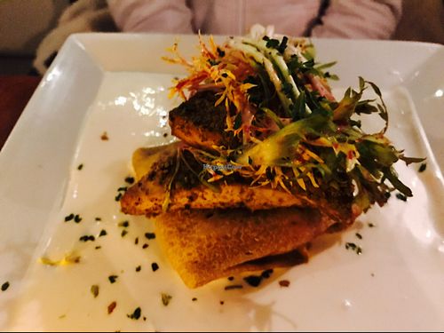 pistachio crusted tofu with root vegetable crepe  at Blossom Restaurant Chelsea in New York City