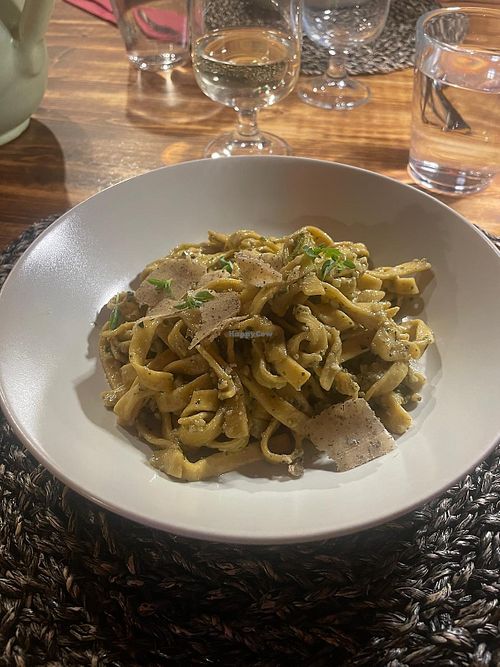 Pasta with nut pesto and vegan cheese at Torre Morgana in Umbertide
