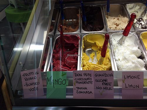 vegan gelatos are marked with a green 'v' at Gelateria Italia in Rovinj