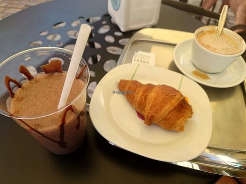 Vegan milk shake with soy milk, vegan Cappuccino with soy milk and croissant (without filling) at Gelateria Italia in Rovinj