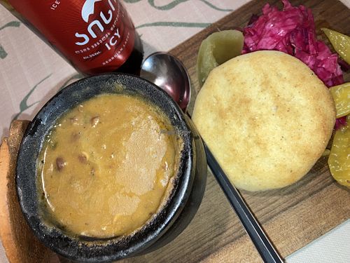 Lobio served with pickled veggies and cornbread  at Palaty in Kutaisi